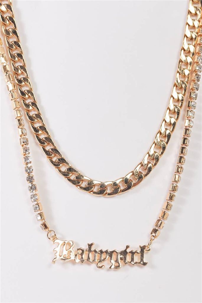 "Babygirl" Gold Chunky & Rhinestone Box Chains Set Necklace