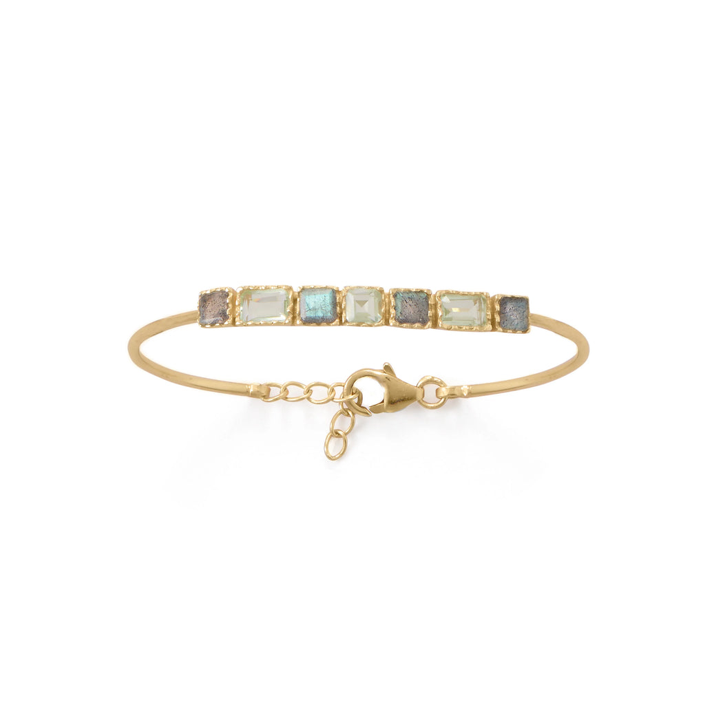 7" 14 karat gold plated sterling silver cuff bracelet with safety chain. 4mm square labradorite stones nestled in between prasiolite stones in 4mm x 6mm rectangle cut and 4mm square cut. Lobster clasp closure.