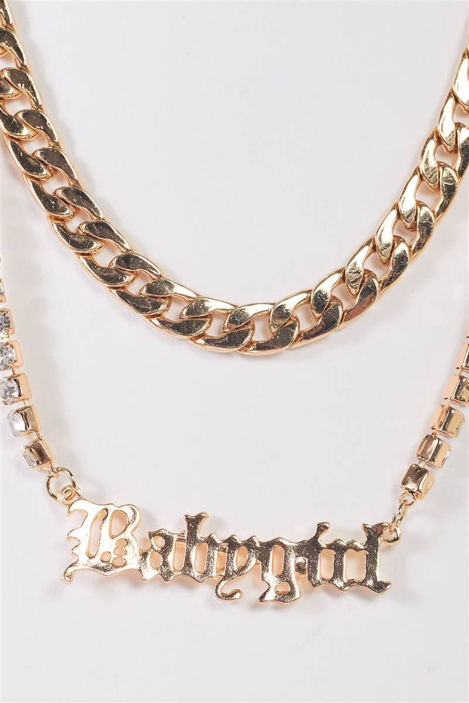 "Babygirl" Gold Chunky & Rhinestone Box Chains Set Necklace