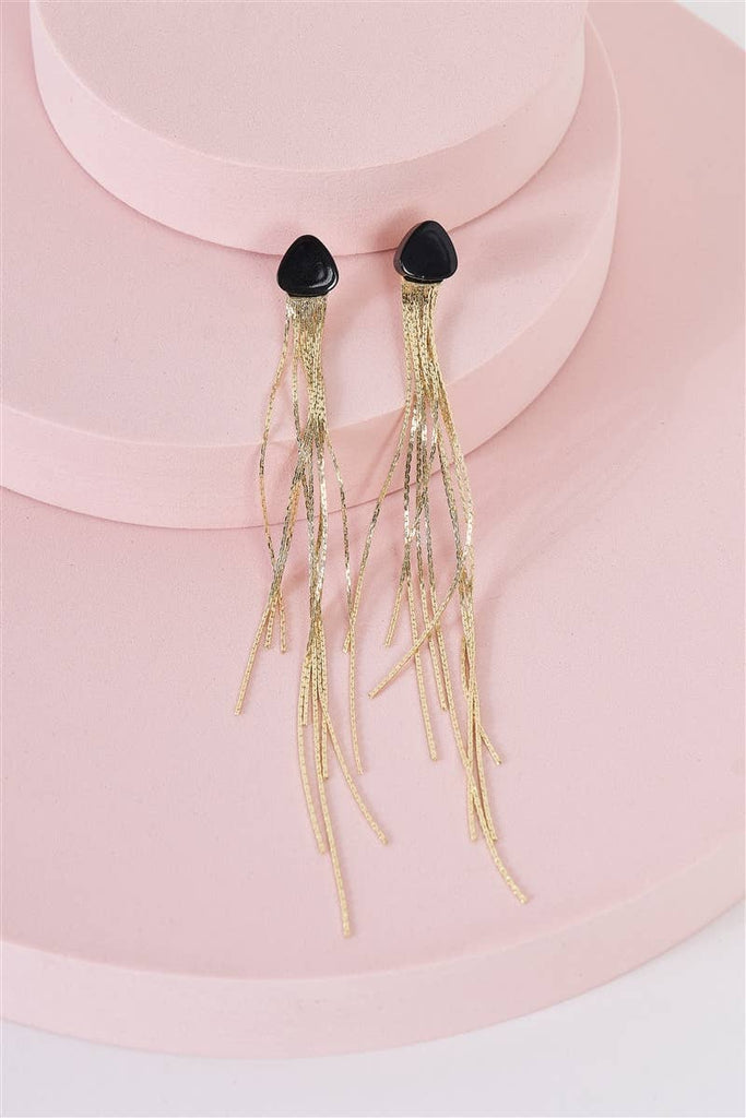 Gold & Black Soft Triangle Stone Tassel Long Drop Earrings