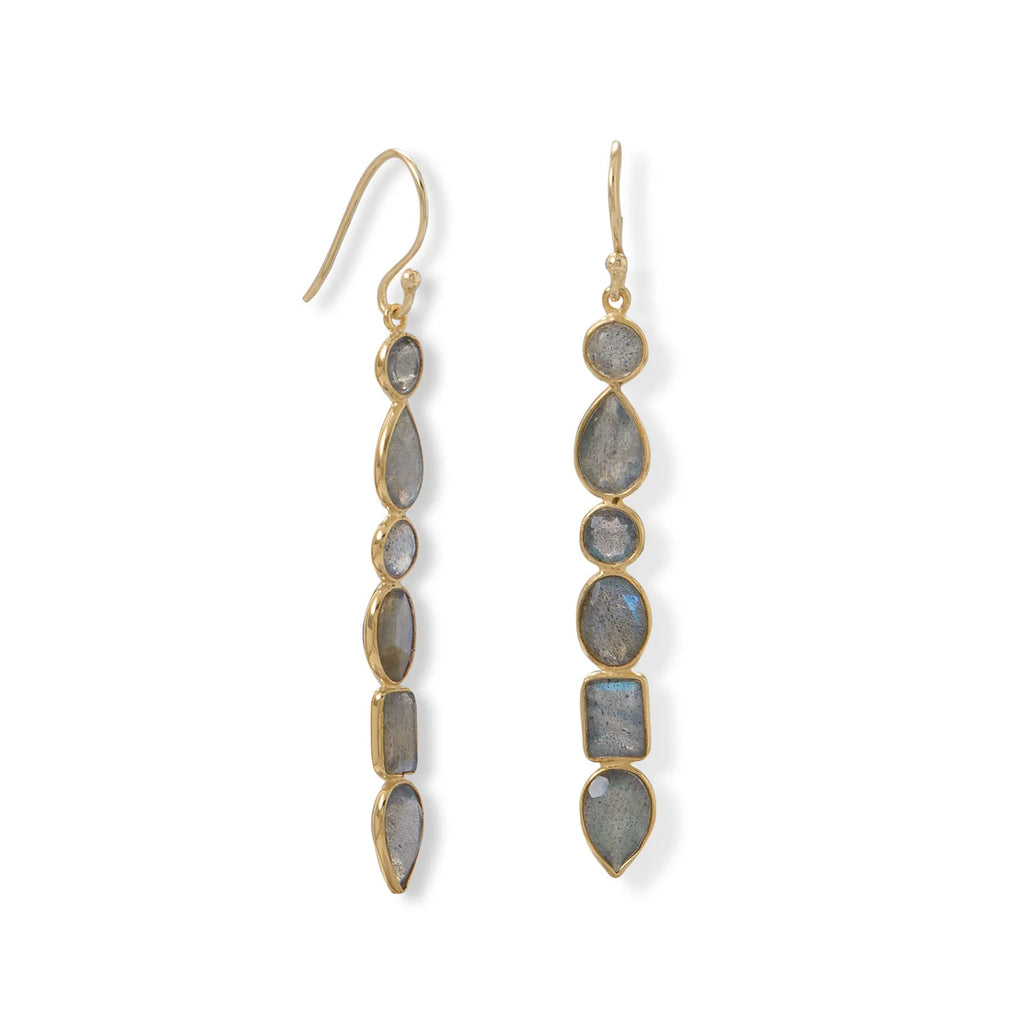 14 karat gold plated sterling silver french wire earrings feature 6 multi-shaped labradorite stones.