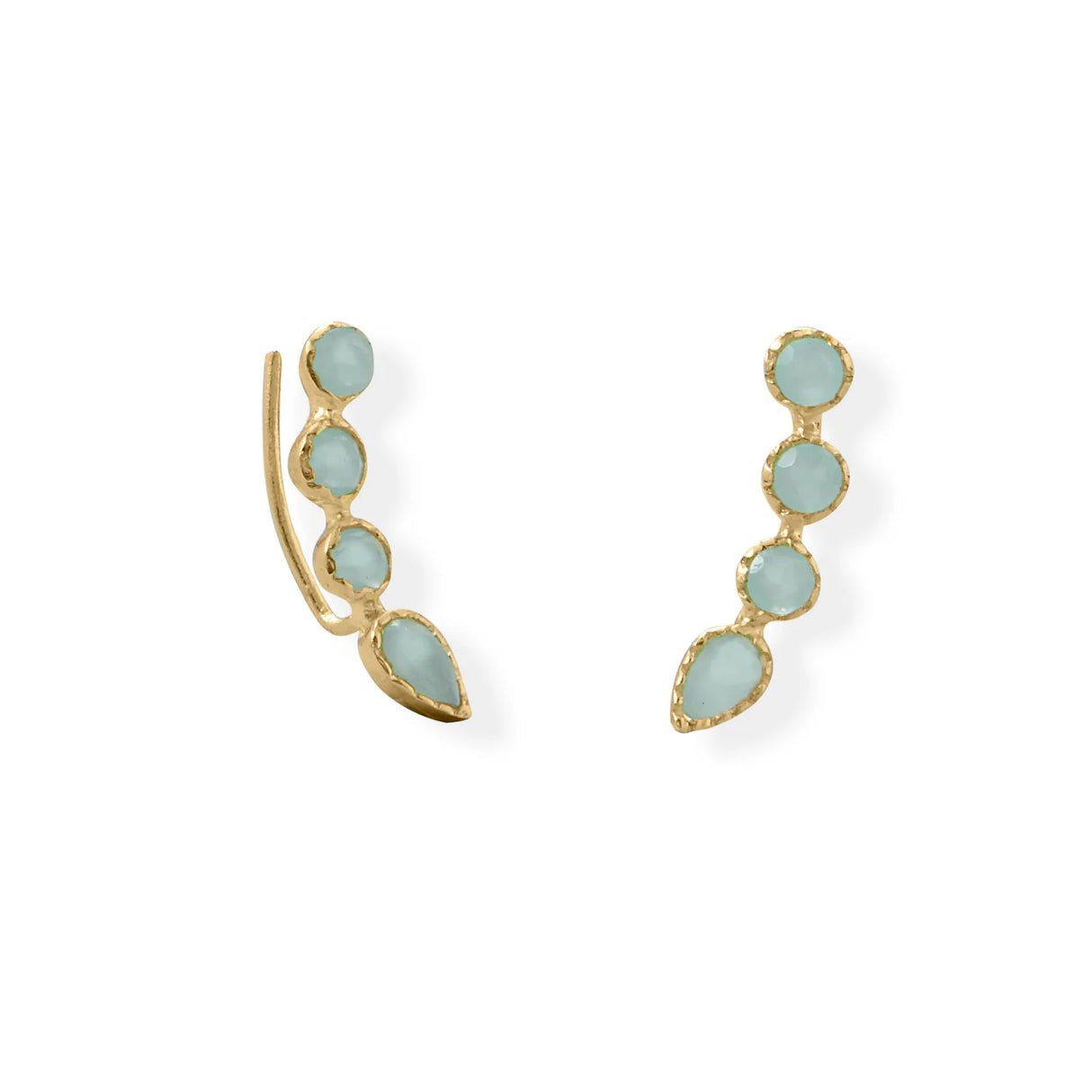 14 karat gold plated sterling silver ear climber earrings feature stunning aqua chalcedony stones. Round stones measure 3.4mm in diameter and pear-shaped stone measures 3.9mm x 6mm.