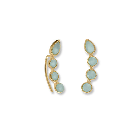 14 karat gold plated sterling silver ear climber earrings feature stunning aqua chalcedony stones. Round stones measure 3.4mm in diameter and pear-shaped stone measures 3.9mm x 6mm.