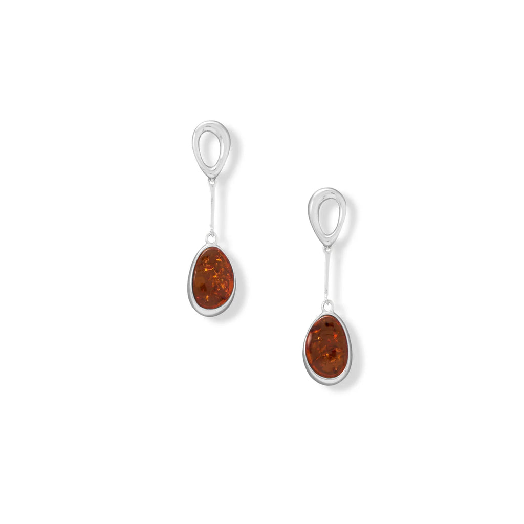 Polished sterling silver earrings feature an open link post with 11.5mm x 7.5mm genuine Baltic amber drops. Earrings have a total hanging length of 38mm.