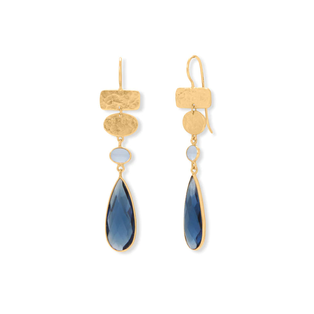 14 karat gold plated sterling silver drop earrings feature 25mm x 10mm blue glass pear drop with a 5mm x 7mm oval chalcedony. Earrings have a hanging length of 66mm.  .925 Sterling Silver 