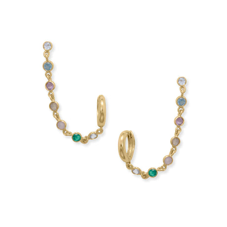 14 karat gold plated sterling silver earrings feature a 12mm click hoop and a 3mm blue topaz stud with a 2" gemstone studded chain connecting the two. Gemstones featured are blue topaz, green glass, rose quartz, labradorite, amethyst and blue glass. Please note stones may vary.  .925 Sterling Silver 