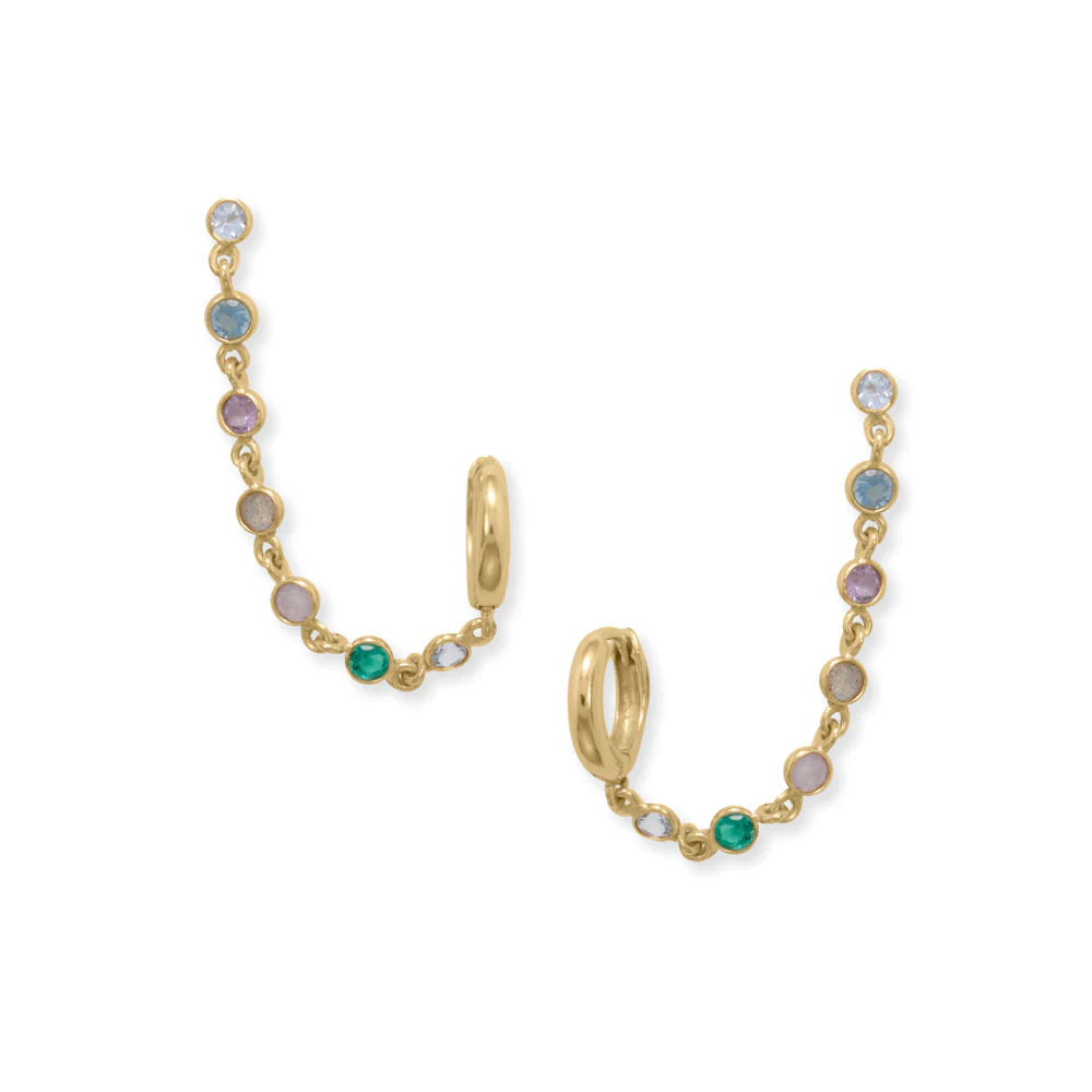 14 karat gold plated sterling silver earrings feature a 12mm click hoop and a 3mm blue topaz stud with a 2" gemstone studded chain connecting the two. Gemstones featured are blue topaz, green glass, rose quartz, labradorite, amethyst and blue glass. Please note stones may vary.  .925 Sterling Silver 