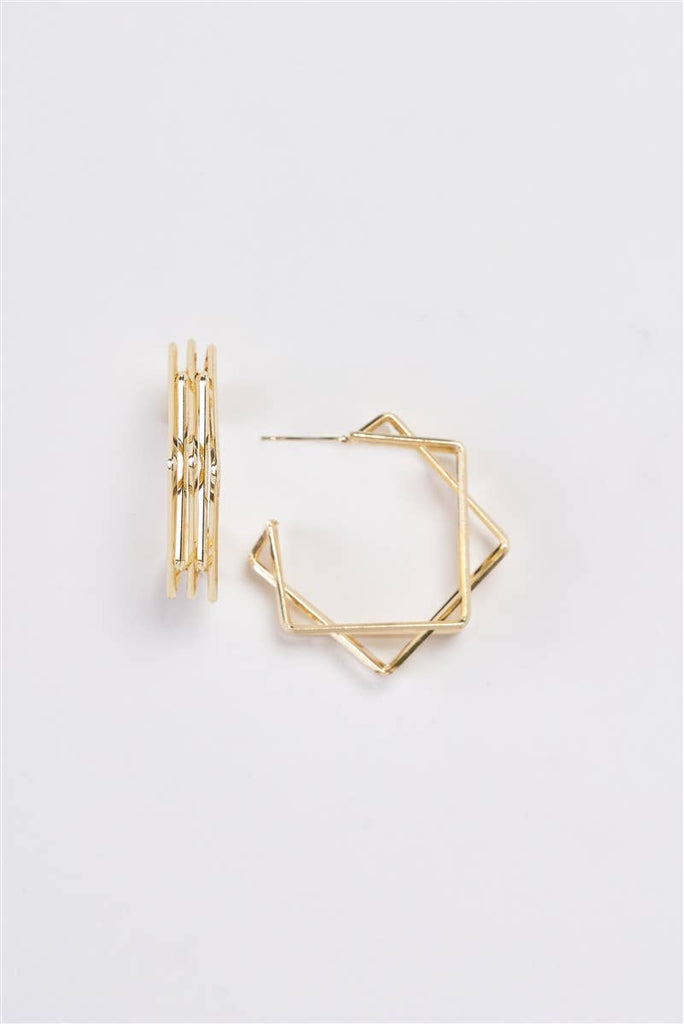 Gold Hollow Heptagon Open Geometric Hoop Earrings