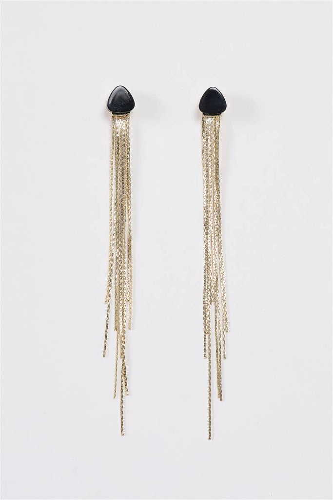 Gold & Black Soft Triangle Stone Tassel Long Drop Earrings