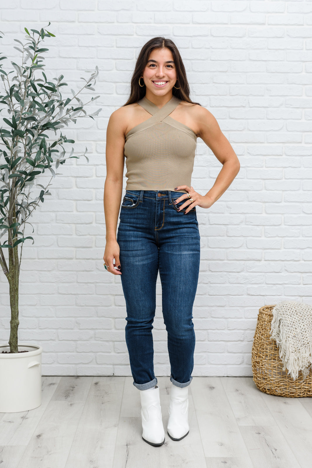 Criss Cross Halter Top in Tan