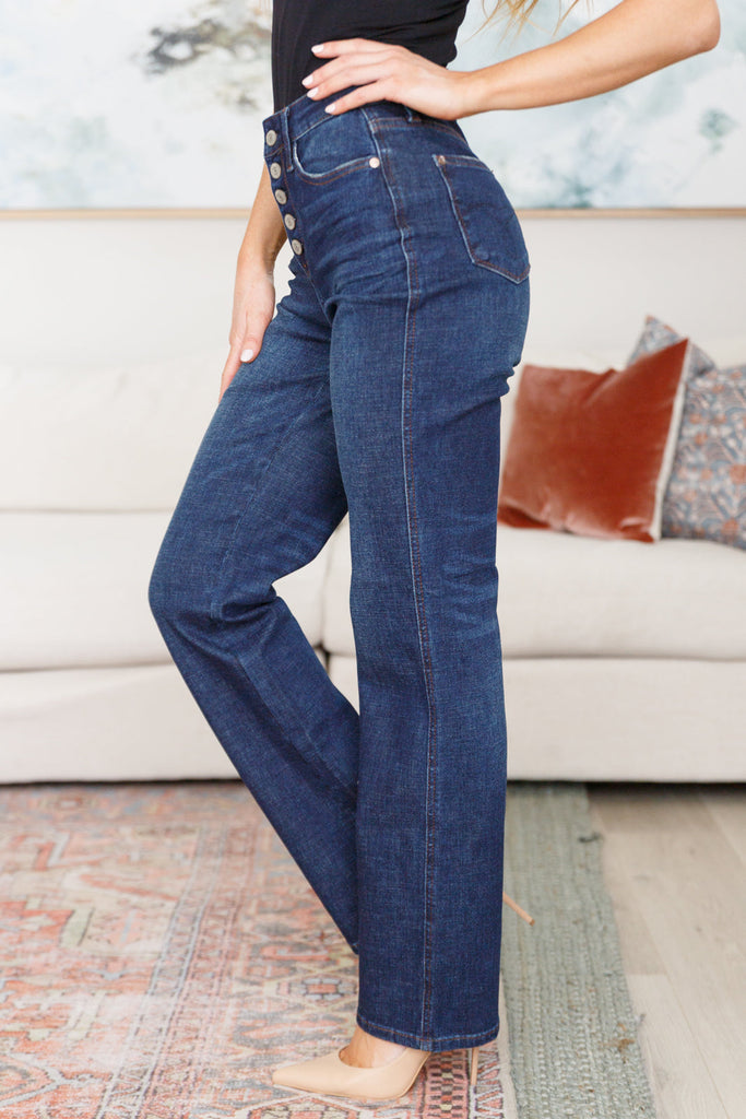 High Rise Button-Fly Straight Jeans in Dark Wash