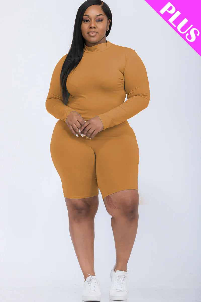 A plus size, mock-neck top and biker shorts set, perfect for a sporty and stylish look  Soft & light weight, high stretch jersey 