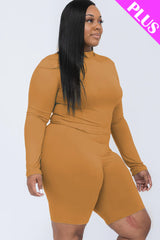 A plus size, mock-neck top and biker shorts set, perfect for a sporty and stylish look  Soft & light weight, high stretch jersey 