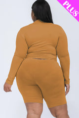 A plus size, mock-neck top and biker shorts set, perfect for a sporty and stylish look  Soft & light weight, high stretch jersey 
