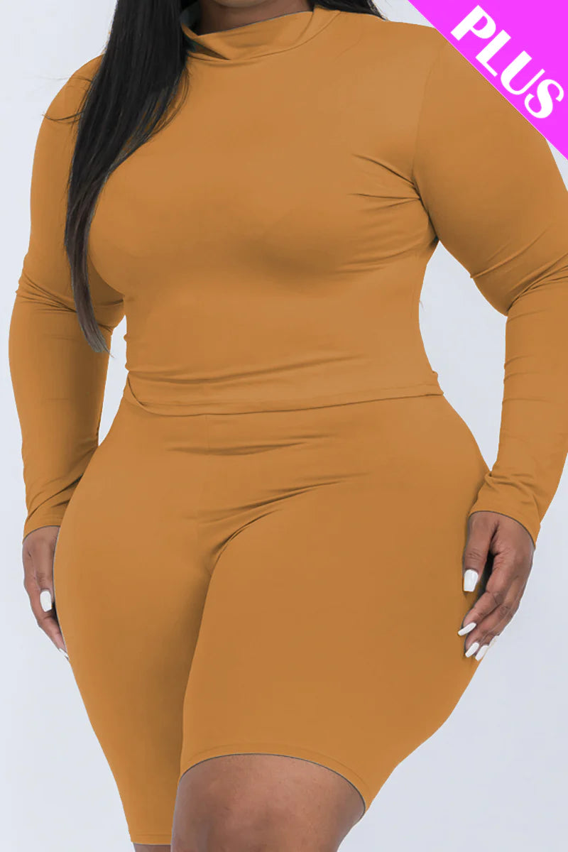 A plus size, mock-neck top and biker shorts set, perfect for a sporty and stylish look  Soft & light weight, high stretch jersey 