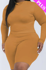 A plus size, mock-neck top and biker shorts set, perfect for a sporty and stylish look  Soft & light weight, high stretch jersey 