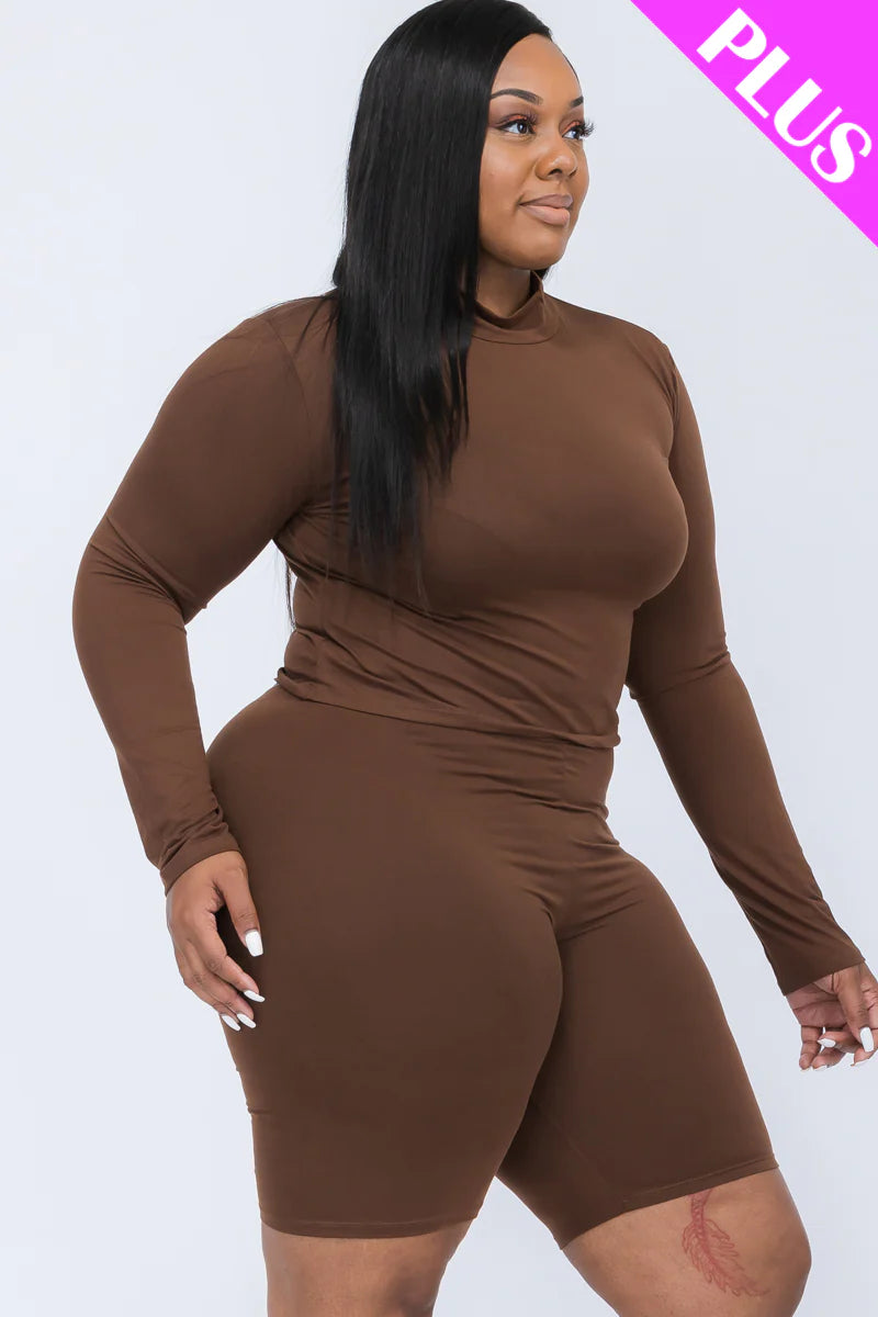 A plus size, mock-neck top and biker shorts set, perfect for a sporty and stylish look  Soft & light weight, high stretch jersey 
