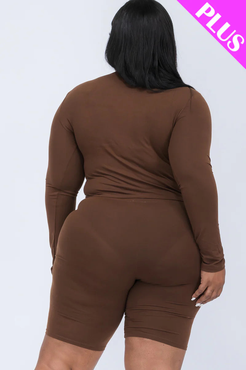 A plus size, mock-neck top and biker shorts set, perfect for a sporty and stylish look  Soft & light weight, high stretch jersey 