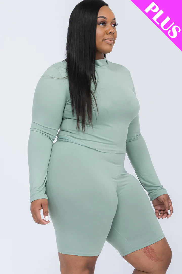 A plus size, mock-neck top and biker shorts set, perfect for a sporty and stylish look  Soft & light weight, high stretch jersey 