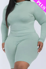 A plus size, mock-neck top and biker shorts set, perfect for a sporty and stylish look  Soft & light weight, high stretch jersey 