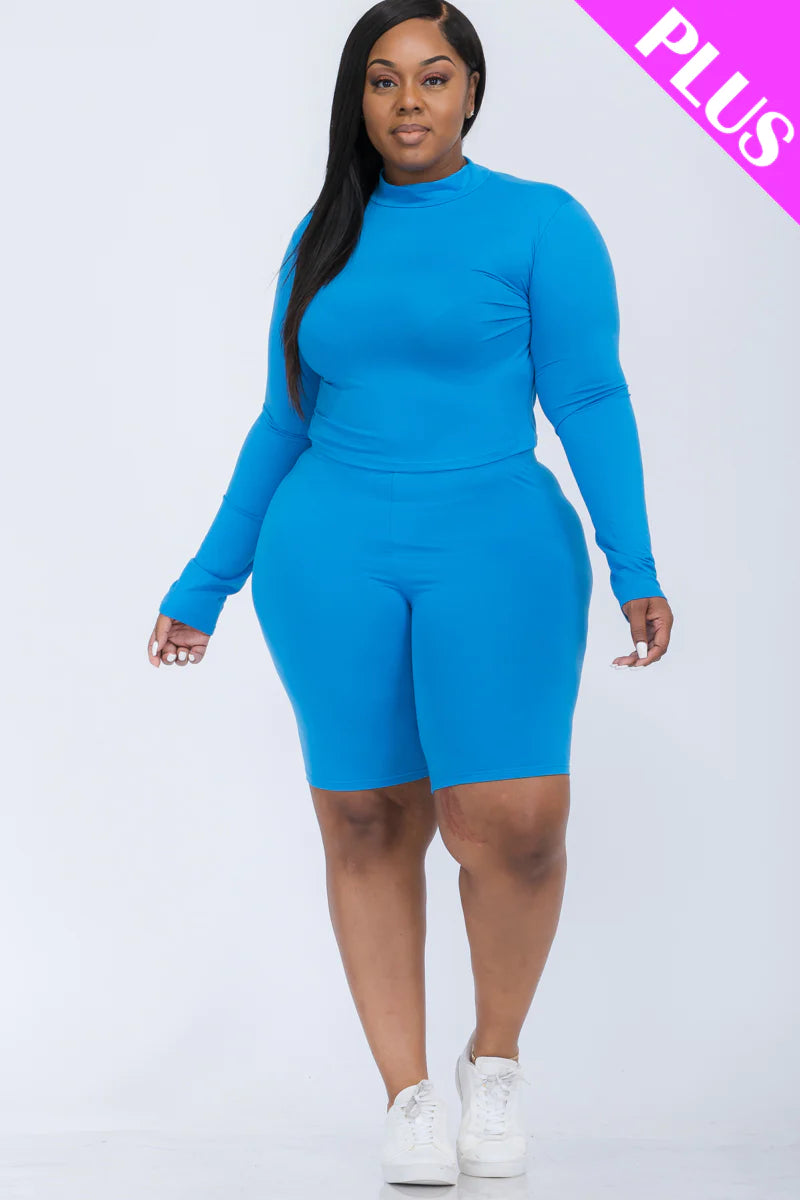 A plus size, mock-neck top and biker shorts set, perfect for a sporty and stylish look  Soft & light weight, high stretch jersey 