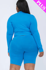 A plus size, mock-neck top and biker shorts set, perfect for a sporty and stylish look  Soft & light weight, high stretch jersey 