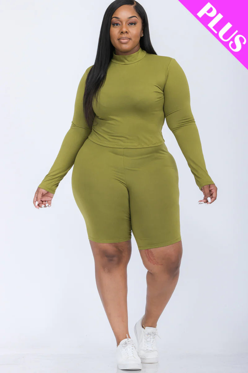 A plus size, mock-neck top and biker shorts set, perfect for a sporty and stylish look  Soft & light weight, high stretch jersey 