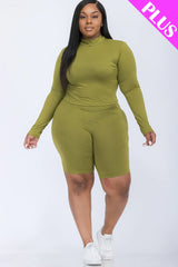 A plus size, mock-neck top and biker shorts set, perfect for a sporty and stylish look  Soft & light weight, high stretch jersey 