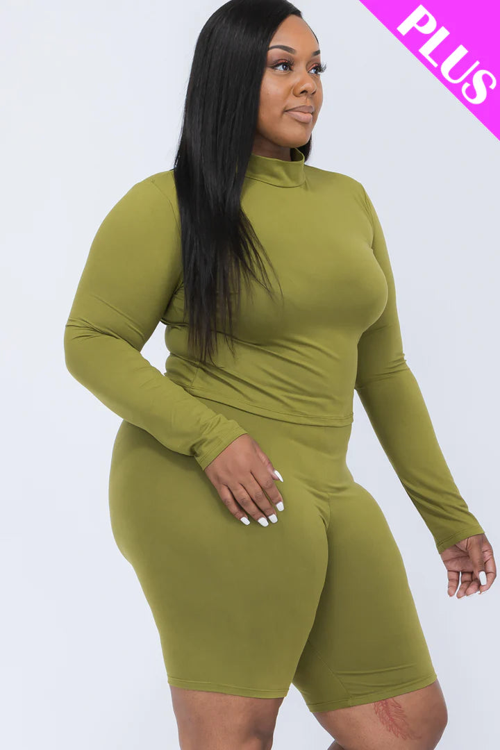 A plus size, mock-neck top and biker shorts set, perfect for a sporty and stylish look  Soft & light weight, high stretch jersey 