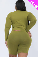 A plus size, mock-neck top and biker shorts set, perfect for a sporty and stylish look  Soft & light weight, high stretch jersey 