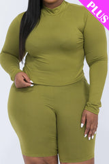 A plus size, mock-neck top and biker shorts set, perfect for a sporty and stylish look  Soft & light weight, high stretch jersey 