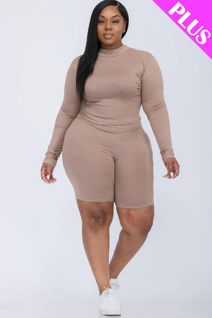 A plus size, mock-neck top and biker shorts set, perfect for a sporty and stylish look  Soft & light weight, high stretch jersey 