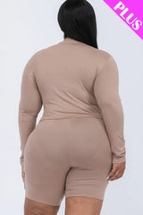 A plus size, mock-neck top and biker shorts set, perfect for a sporty and stylish look  Soft & light weight, high stretch jersey 