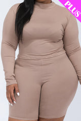 A plus size, mock-neck top and biker shorts set, perfect for a sporty and stylish look  Soft & light weight, high stretch jersey 