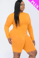 A plus size, mock-neck top and biker shorts set, perfect for a sporty and stylish look  Soft & light weight, high stretch jersey 