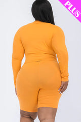 A plus size, mock-neck top and biker shorts set, perfect for a sporty and stylish look  Soft & light weight, high stretch jersey 