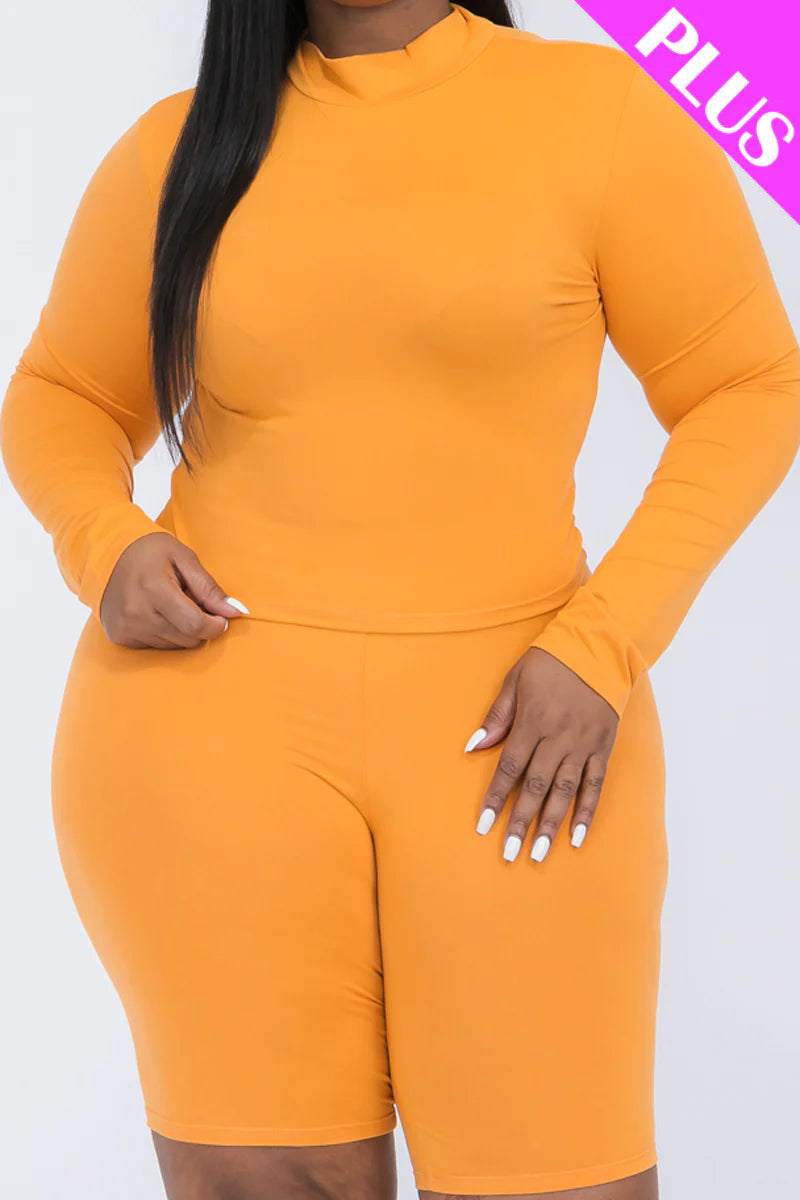 A plus size, mock-neck top and biker shorts set, perfect for a sporty and stylish look  Soft & light weight, high stretch jersey 