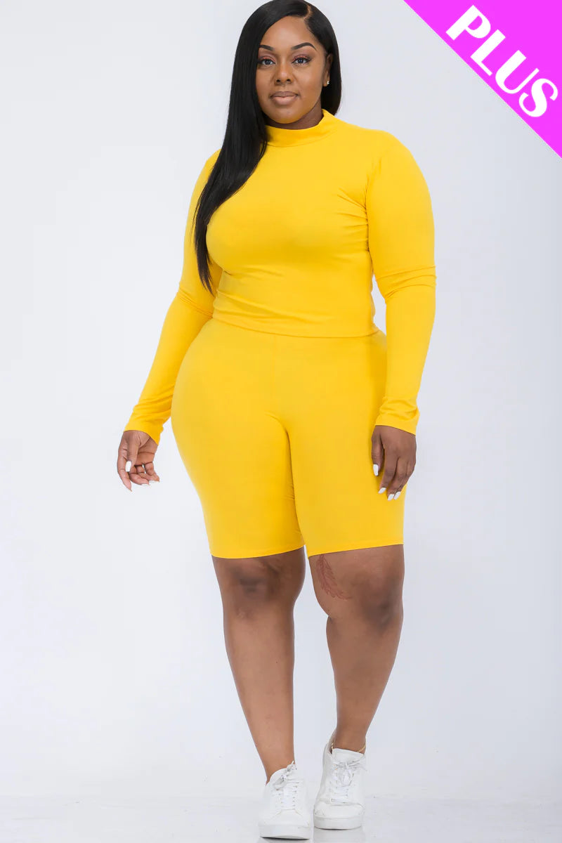 A plus size, mock-neck top and biker shorts set, perfect for a sporty and stylish look  Soft & light weight, high stretch jersey 