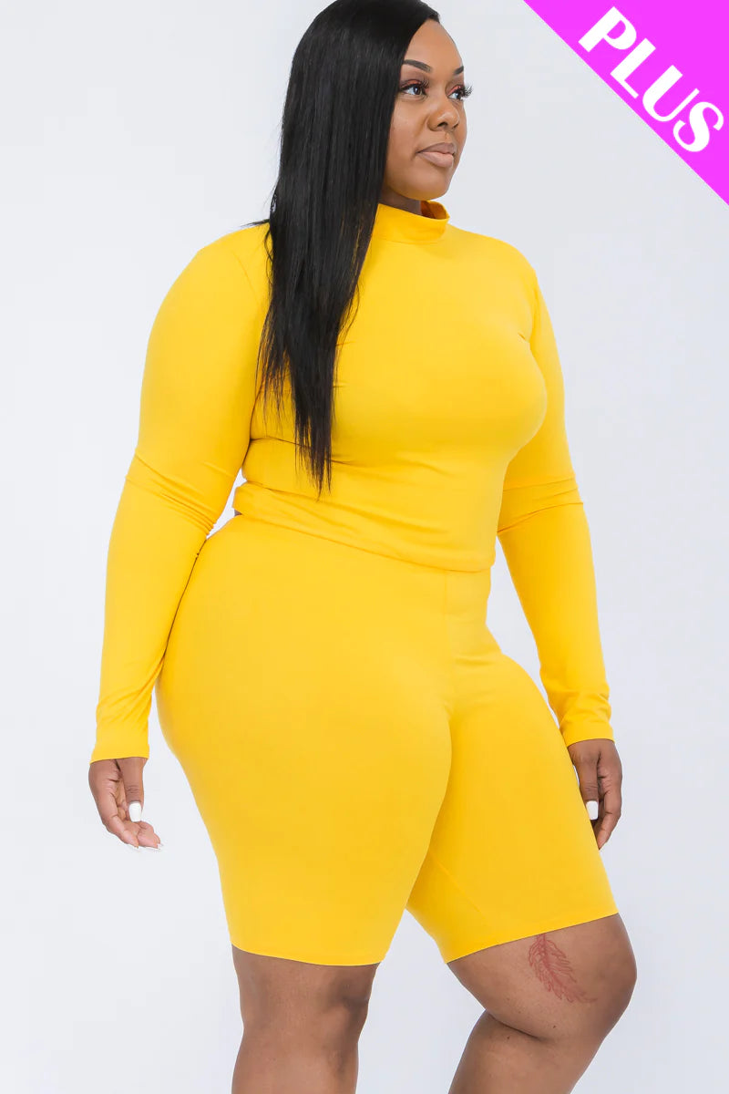 A plus size, mock-neck top and biker shorts set, perfect for a sporty and stylish look  Soft & light weight, high stretch jersey 