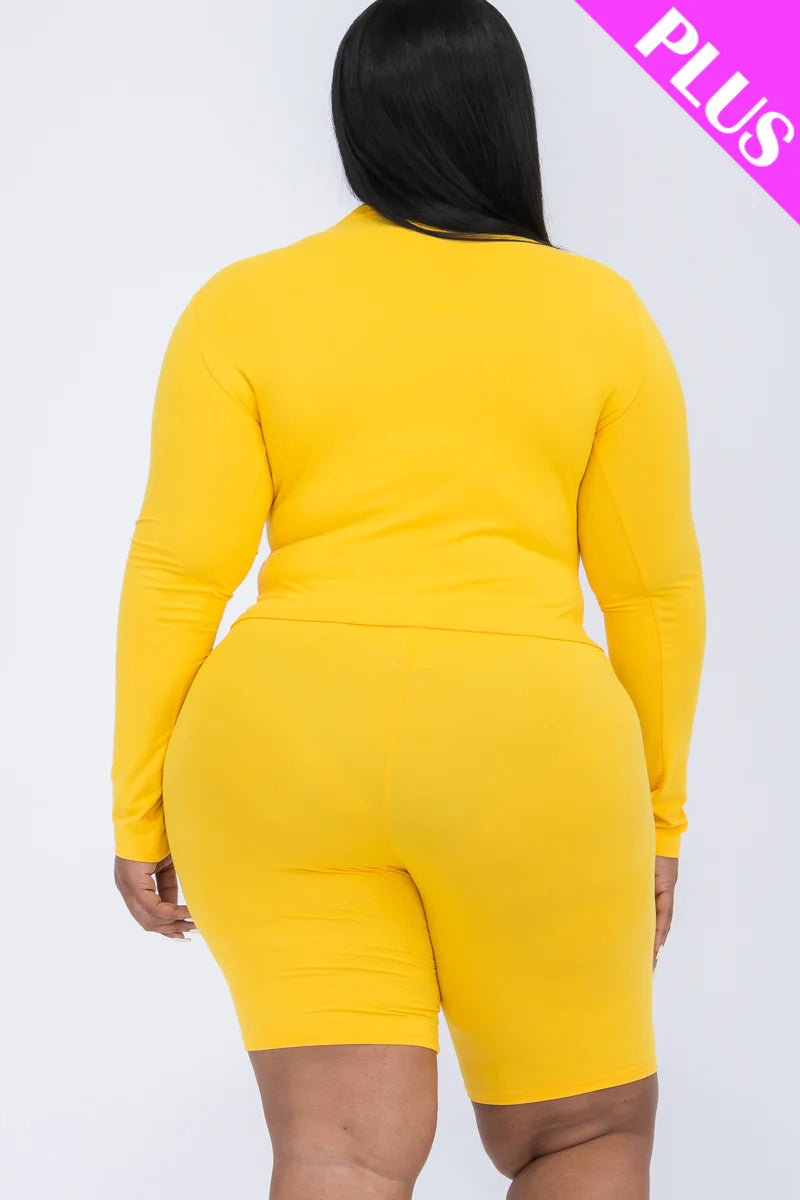 A plus size, mock-neck top and biker shorts set, perfect for a sporty and stylish look  Soft & light weight, high stretch jersey 