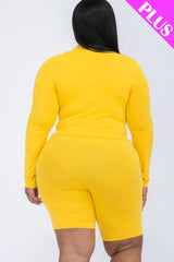 A plus size, mock-neck top and biker shorts set, perfect for a sporty and stylish look  Soft & light weight, high stretch jersey 