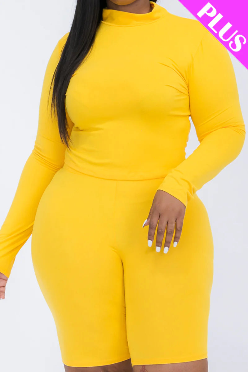 A plus size, mock-neck top and biker shorts set, perfect for a sporty and stylish look  Soft & light weight, high stretch jersey 