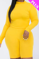 A plus size, mock-neck top and biker shorts set, perfect for a sporty and stylish look  Soft & light weight, high stretch jersey 