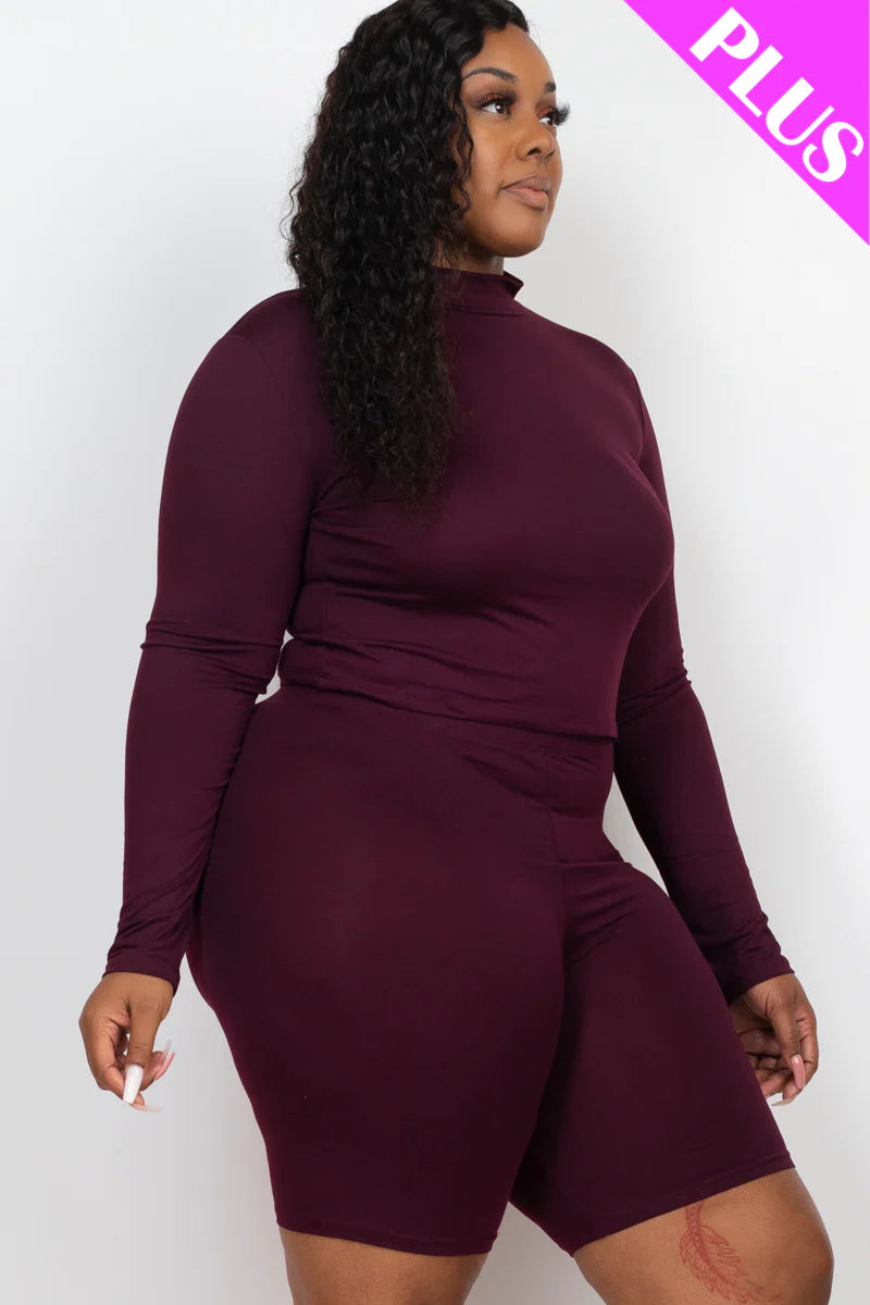 A plus size, mock-neck top and biker shorts set, perfect for a sporty and stylish look  Soft & light weight, high stretch jersey 