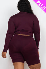 A plus size, mock-neck top and biker shorts set, perfect for a sporty and stylish look  Soft & light weight, high stretch jersey 