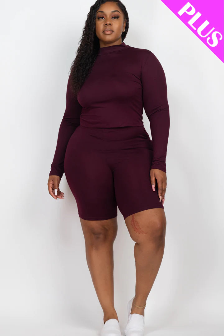 A plus size, mock-neck top and biker shorts set, perfect for a sporty and stylish look  Soft & light weight, high stretch jersey 