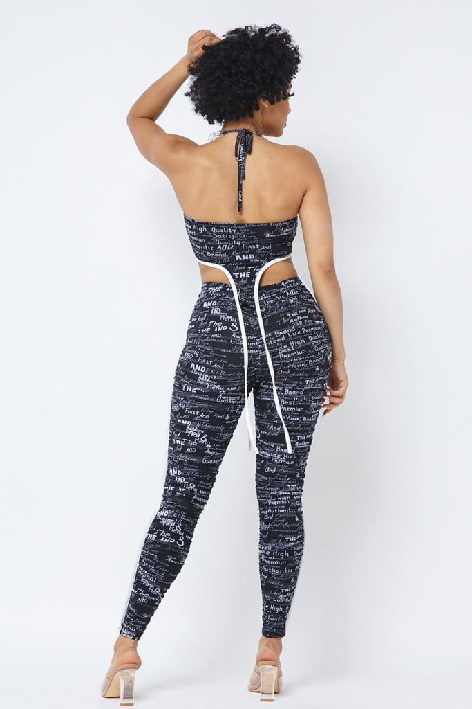 Mesh Print Crop Top With Plastic Chain Halter Neck With Matching Leggings