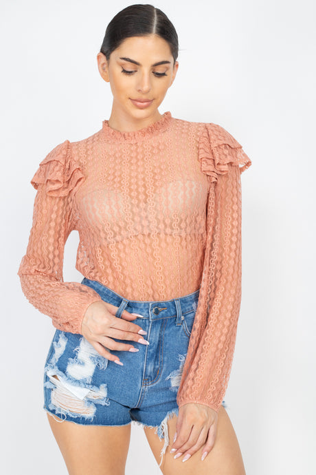 Wholesale Sheer Crochet Lace Ruffled Top