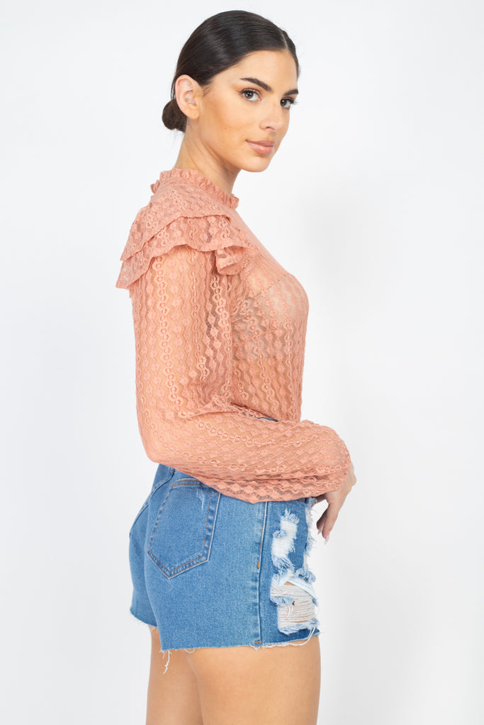 Wholesale Sheer Crochet Lace Ruffled Top