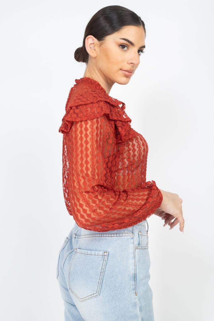 Wholesale Sheer Crochet Lace Ruffled Top